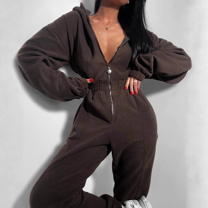 Damer koselig fleece jumpsuit med dyp V-hals og hel lengde glidelås Skjora