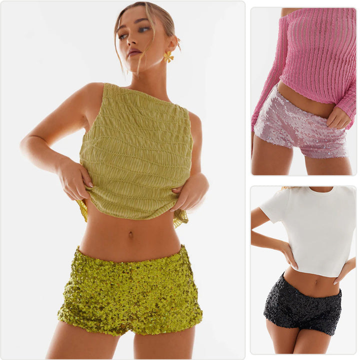 Dame Glitter Shorts med trendy cut og elastisk midje