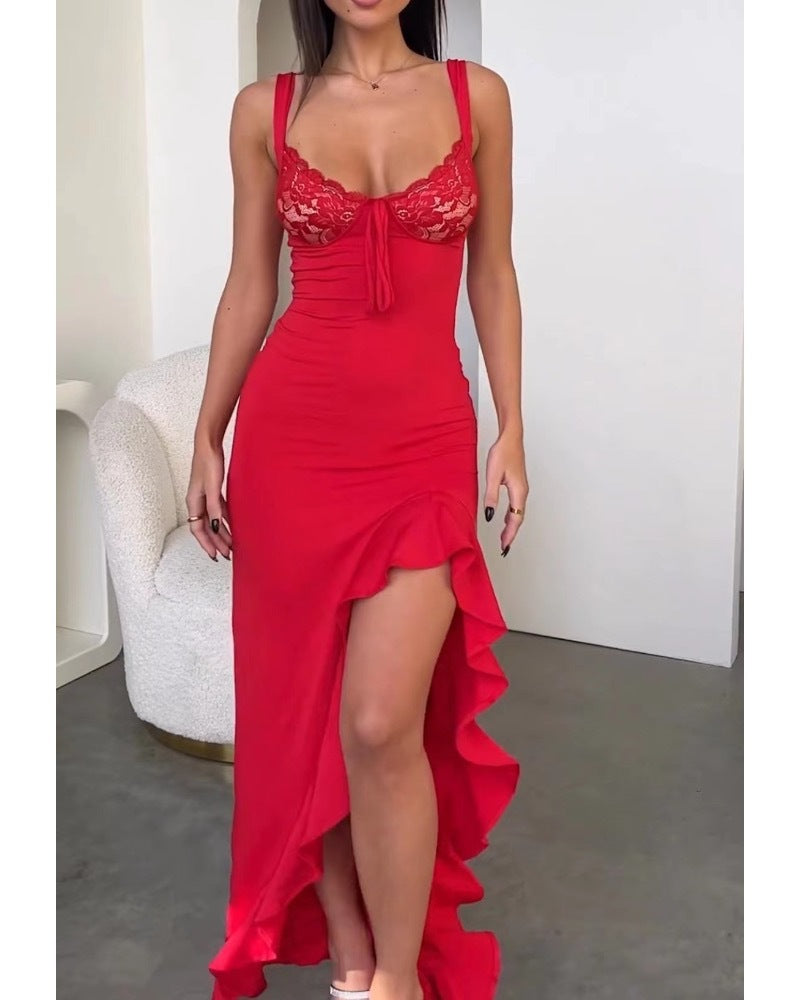 Dame Elegante Maxi Kjole med Blonder Korsett og Asymmetrisk Hem Skjora