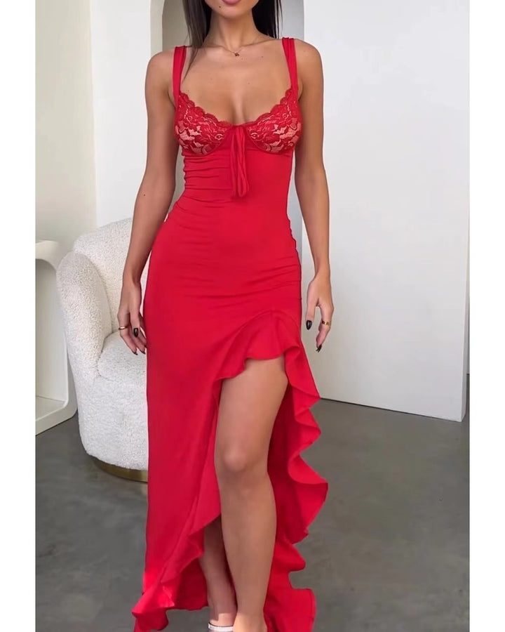 Dame Elegante Maxi Kjole med Blonder Korsett og Asymmetrisk Hem Skjora
