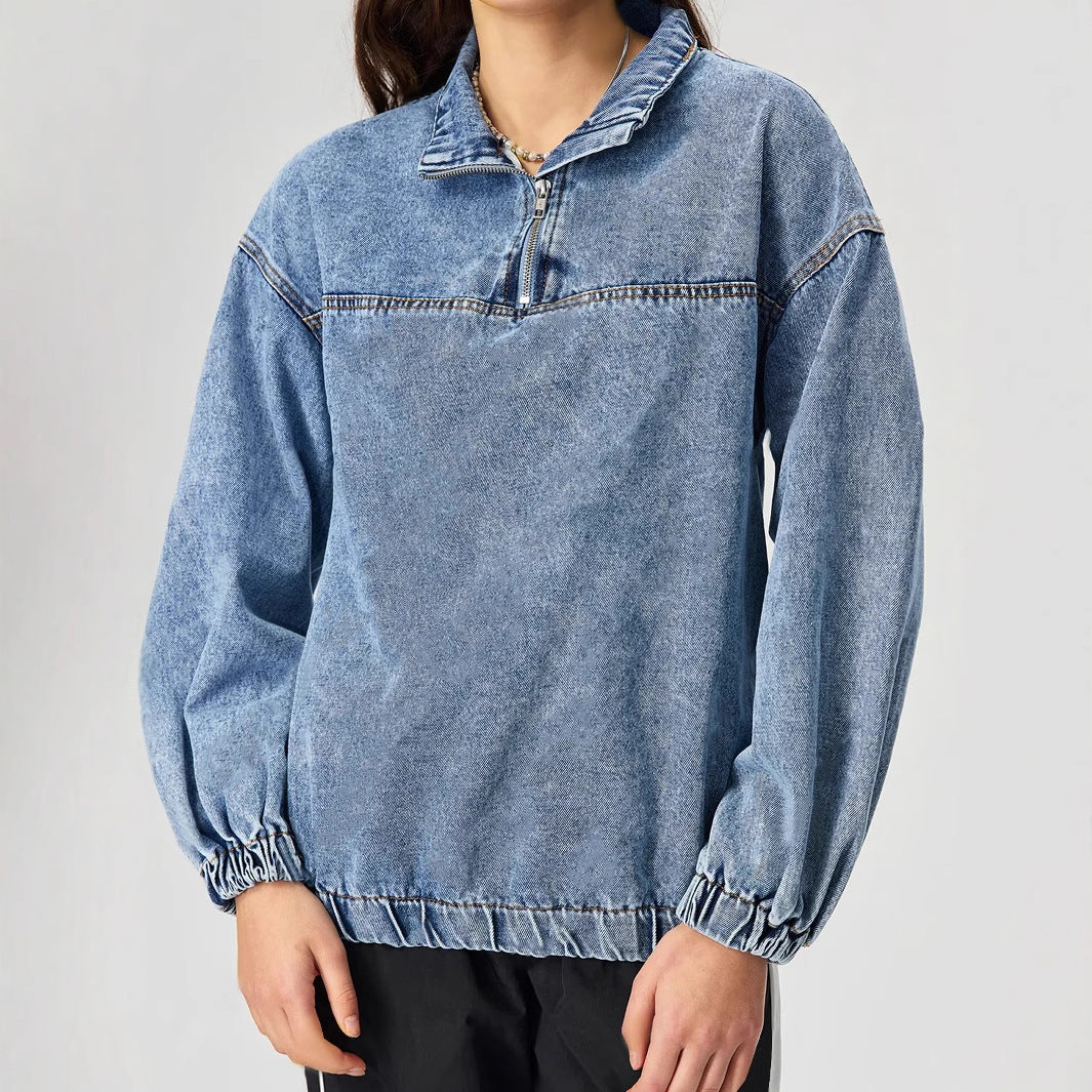 Kvinne løs denim genser med ståkrage og glidelås Skjora
