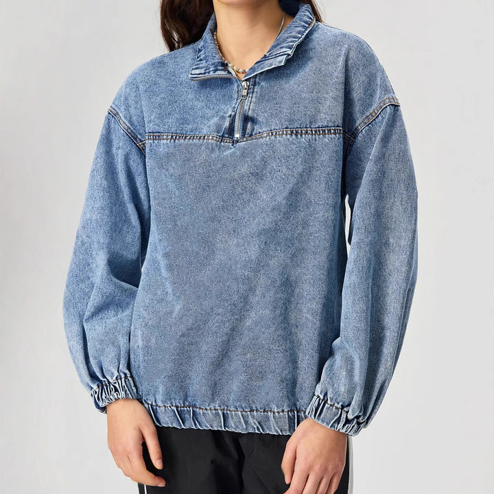 Kvinne løs denim genser med ståkrage og glidelås Skjora