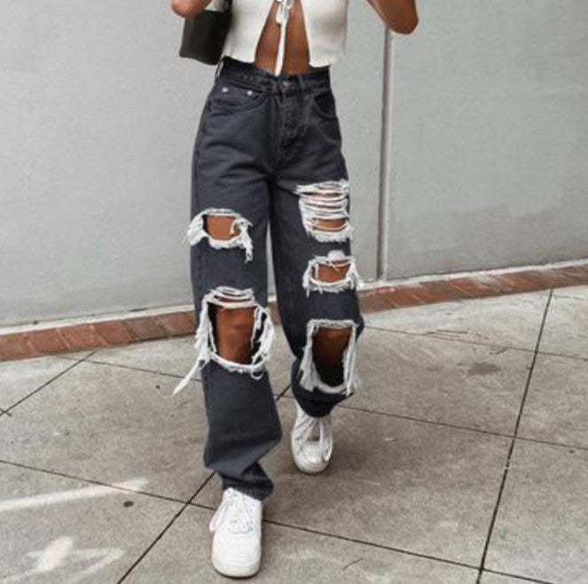 Dame casual destroyed jeans med vid bense Skjora