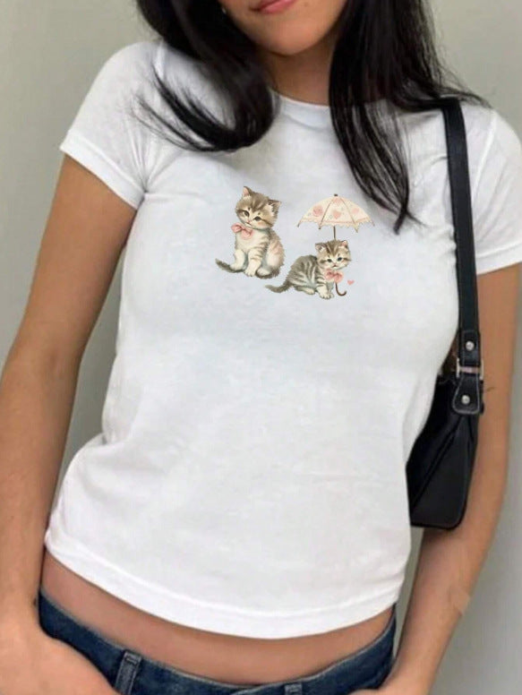 Dame Crop-T-skjorte med kreativt skjelettdesign og inspirerende tekst Skjora