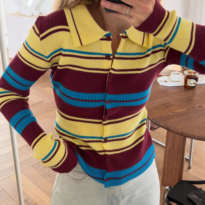 Dame ribbestrikket cardigan med brede striper og krage Skjora