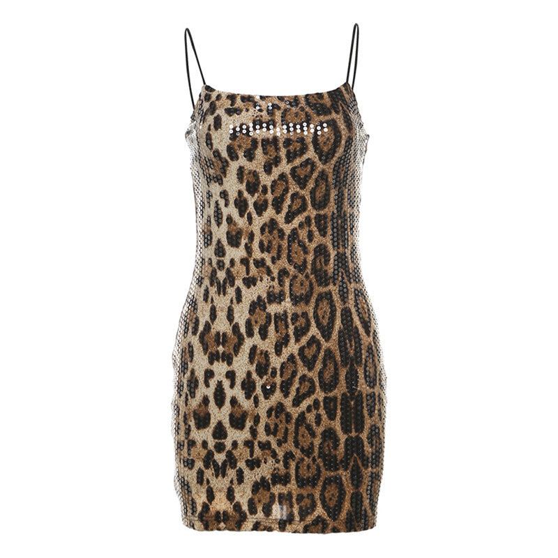 Damer Elegant Leopardmønster Kjole med Glitrende Steiner Skjora