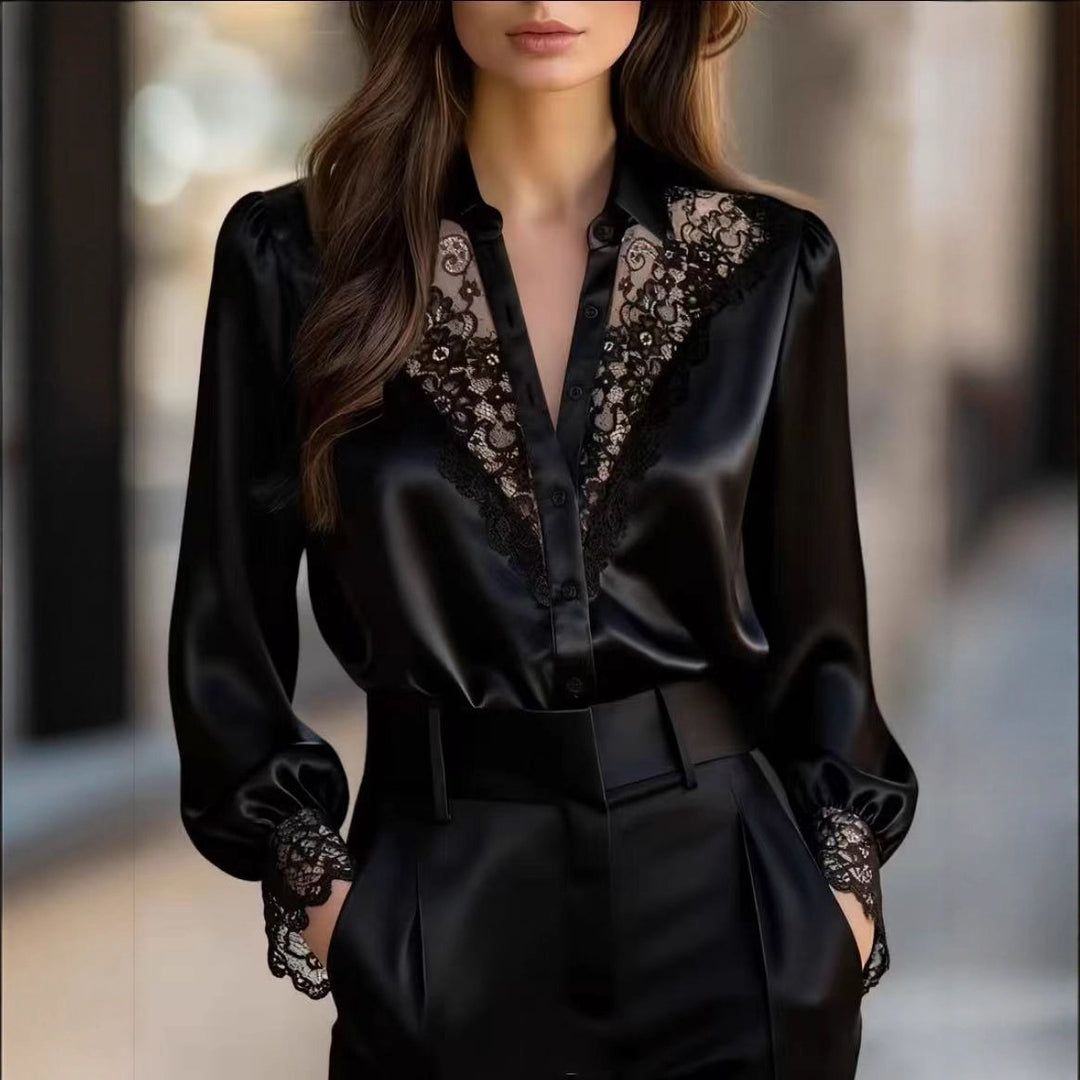 Dame elegant bluse med romantiske spissdetaljer Skjora