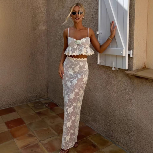 Dame elegant Crop-Top med blomstermønster og lang skjørt Skjora
