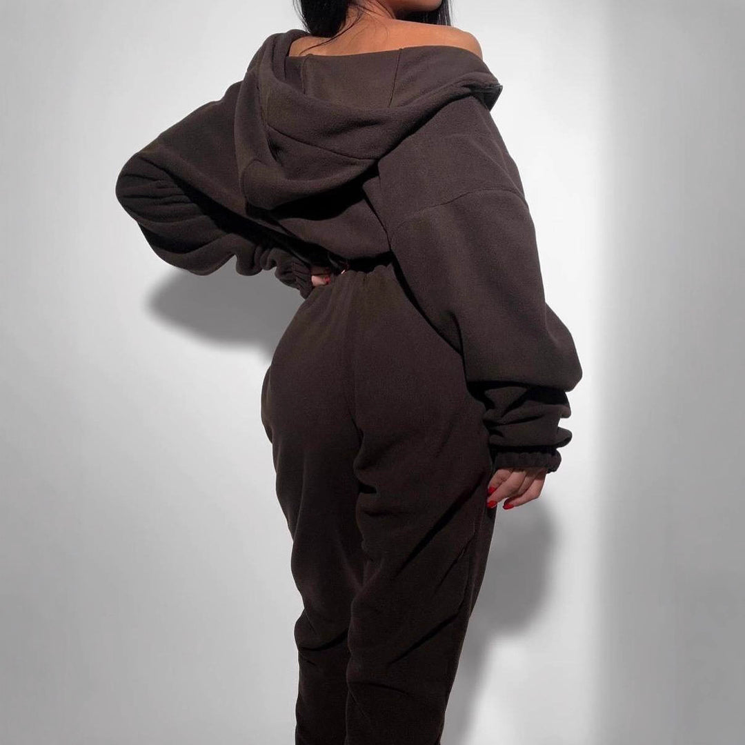 Damer koselig fleece jumpsuit med dyp V-hals og hel lengde glidelås Skjora