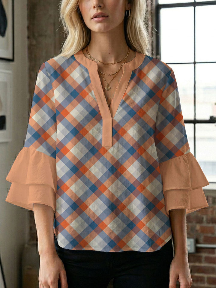 Dame bluseskjorte med voluminøse ermer og kreativt trykkdesign Skjora