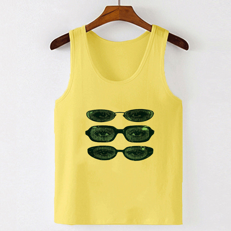 Dame ermeløs tanktop med kreativt brillemotiv Skjora