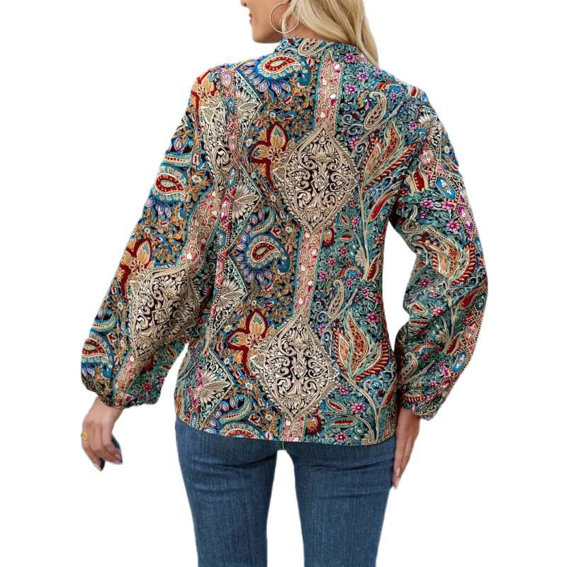 Dame elegant bluse med fargerik trykk og ekstravagante puff-ermer Skjora