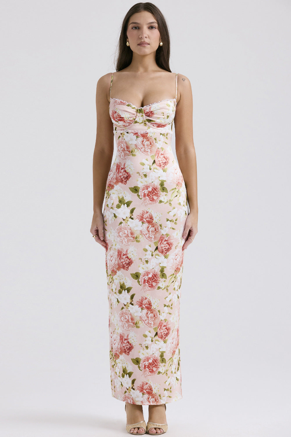 Damen Blumenkleid mit tailliertem Oberteil und schwingendem Saum Skjora