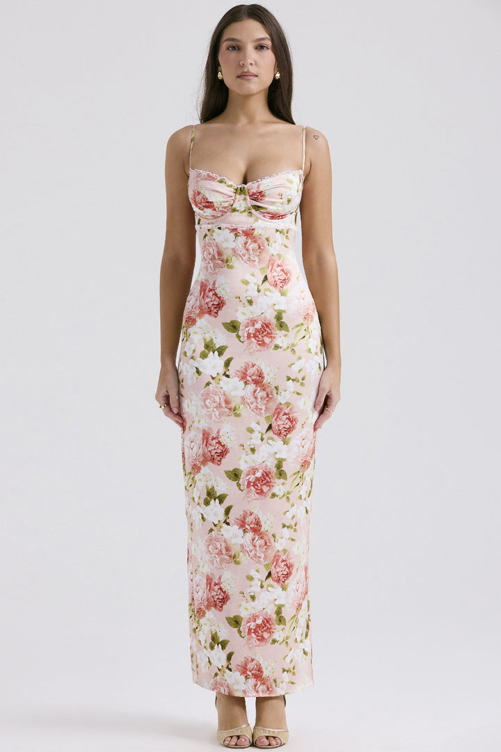 Damen Blumenkleid mit tailliertem Oberteil und schwingendem Saum Skjora