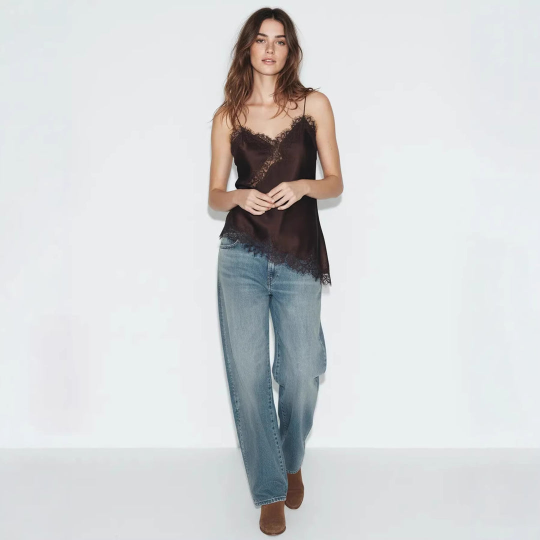 Women's Satin Top with Elegant Pointed Neckline and Spaghetti Straps Skjora