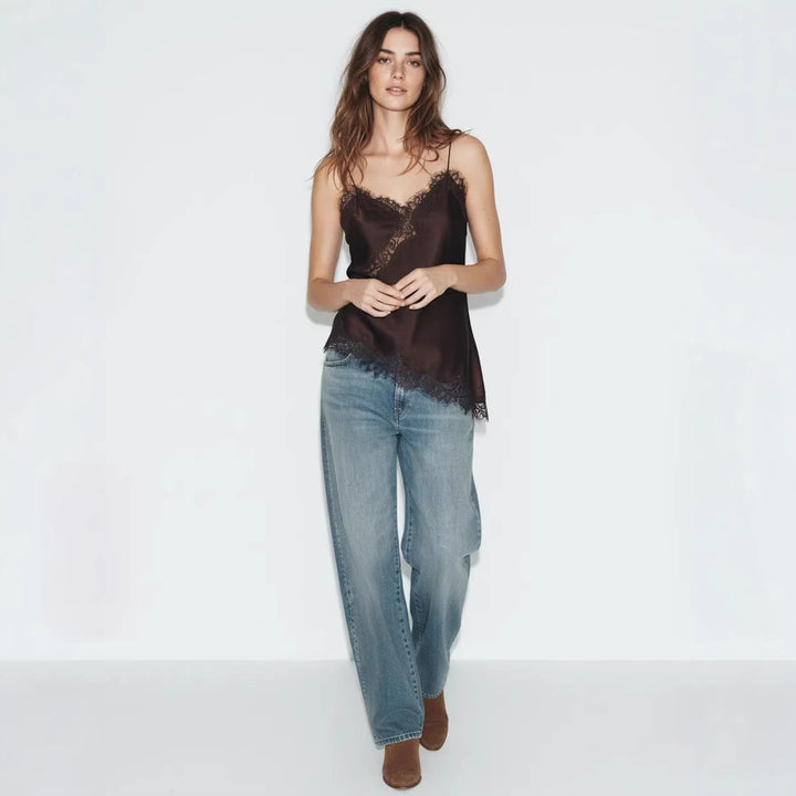 Women's Satin Top with Elegant Pointed Neckline and Spaghetti Straps Skjora