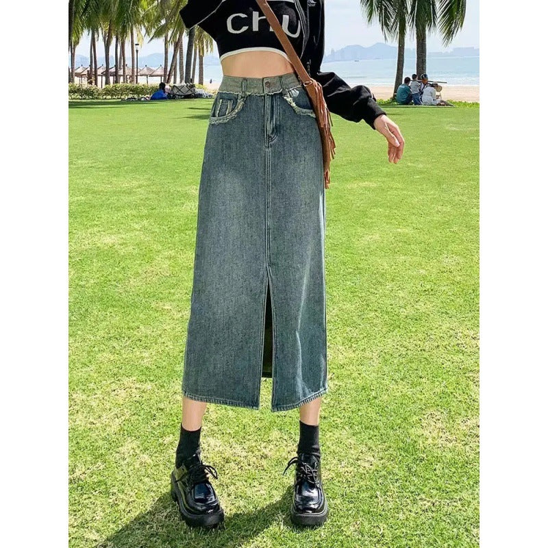 Women's Long Denim Skirt with High Slit Shredded