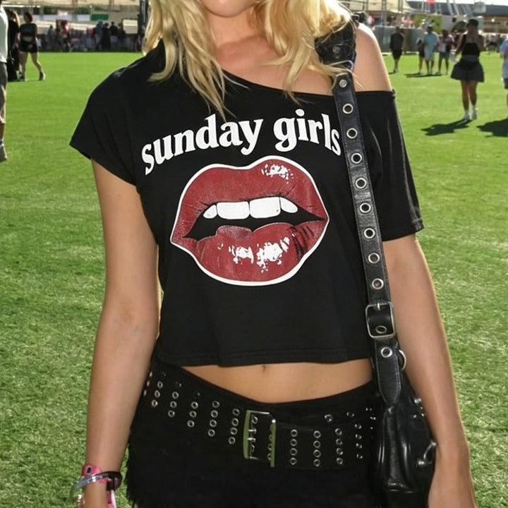 Dame Trendy Crop-Top med moderne leppemotiv Skjora