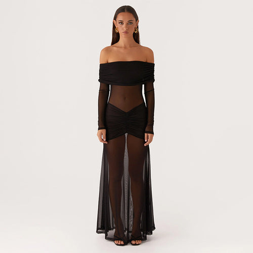 Damer gjennomsiktig maxikjole med off-shoulder design og volanger Skjora