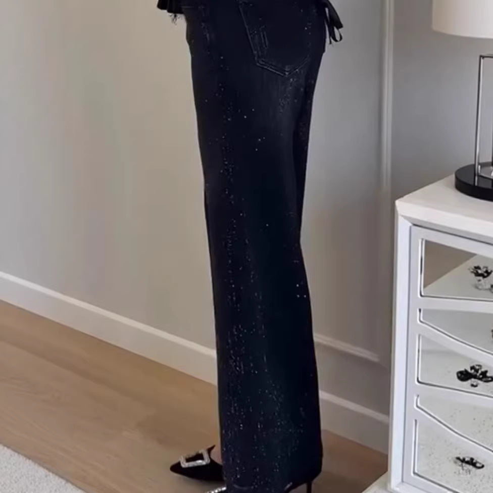Kvinnelig glitrende vid-cut jeans med elegant tekstur Skjora