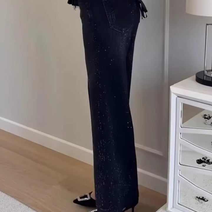 Kvinnelig glitrende vid-cut jeans med elegant tekstur Skjora
