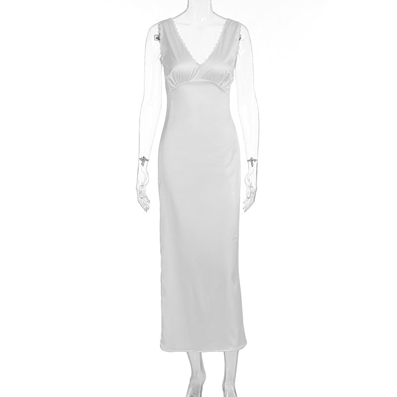 Damer elegant Satin-nattkjole med dyp V-hals og brede stropper Skjora
