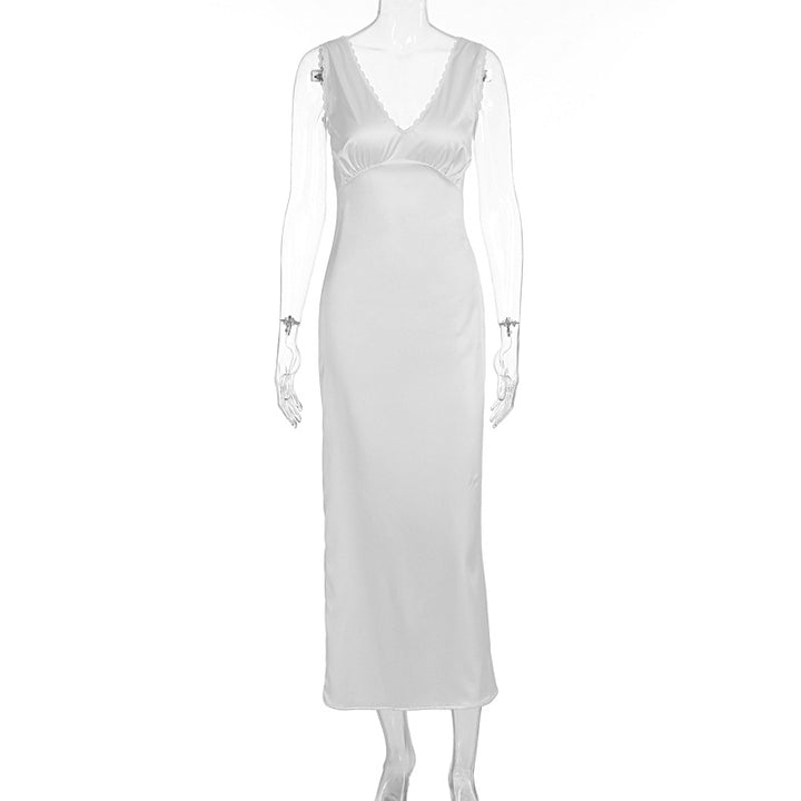 Damer elegant Satin-nattkjole med dyp V-hals og brede stropper Skjora
