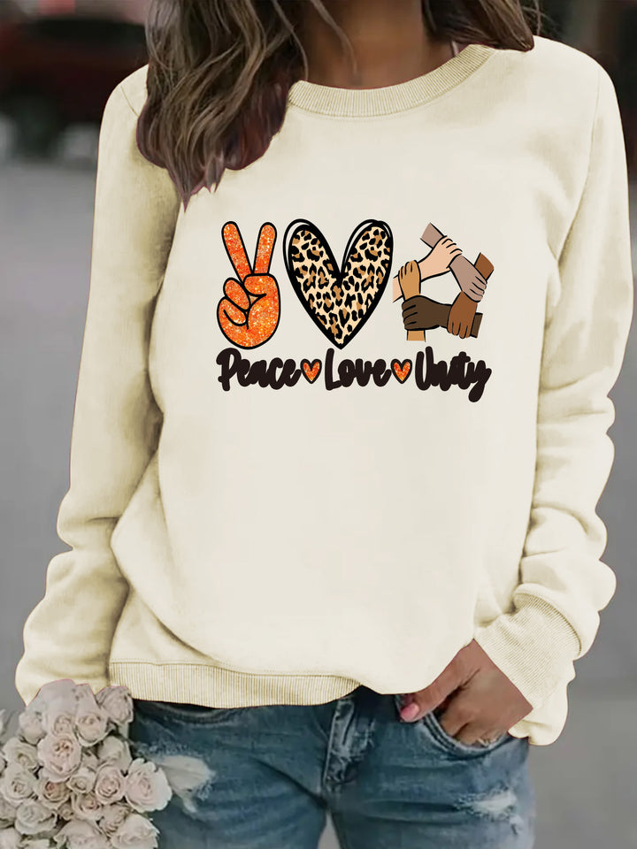 Kvinnegenser med kreativt Peace, Love & Unity-design Skjora