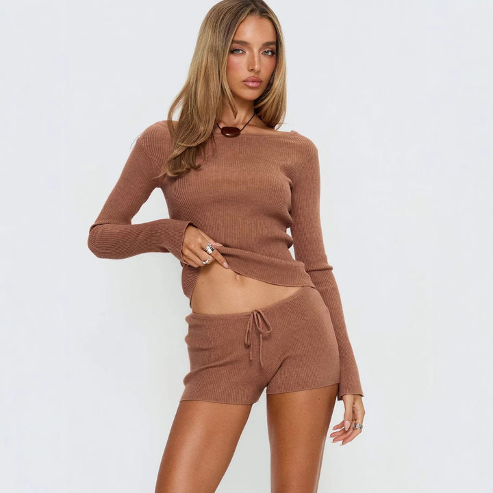 Damer Ribbestrikket Loungewear-sett med myk topp og shorts Skjora
