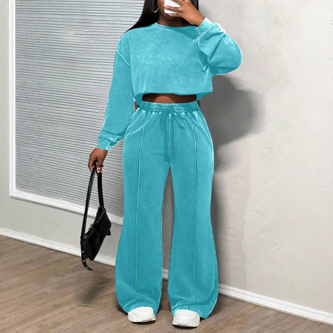 Kvinne kuttet loungewear-sett med vide bukser og høy midje Skjora