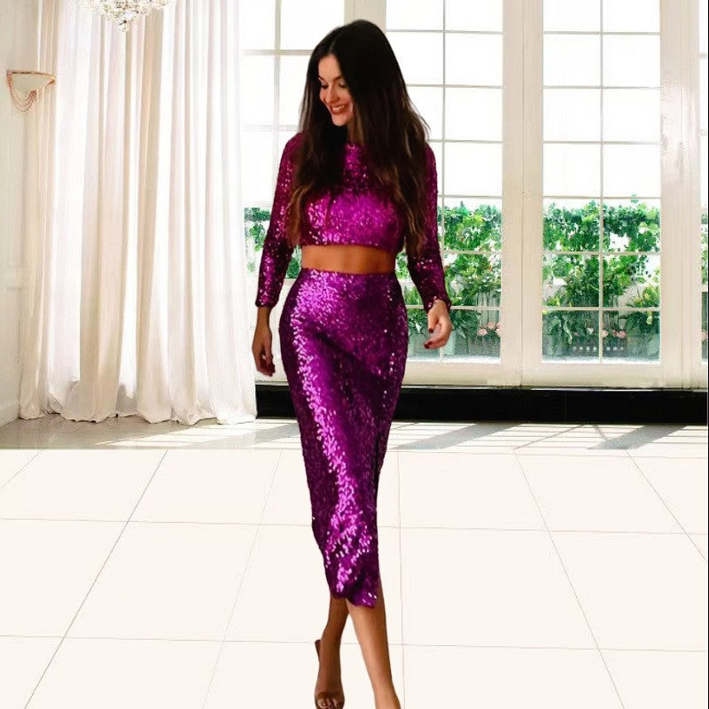 Kvinne Glitterende To-delt Sett med Skinnende Topp og Elegant Maxi Skjørt Design