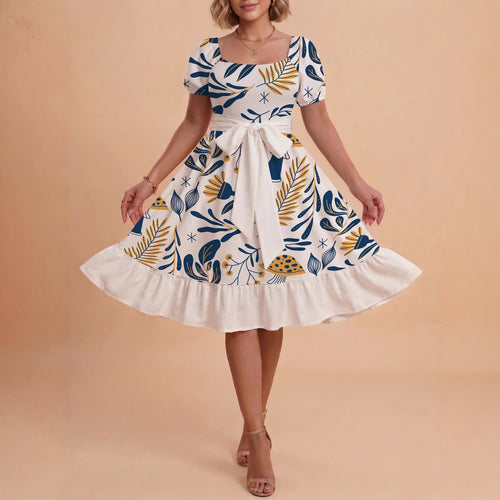 Damen Sommerliches Blumenkleid mit taillierbarem Gürtel und voluminösen Ärmeln Skjora