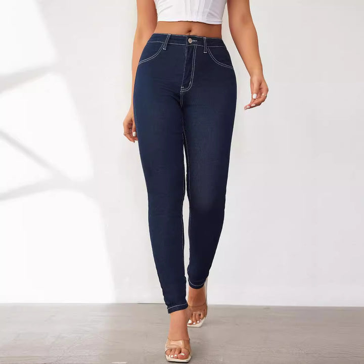 Kvinne Slim Fit Jeans med Høy Midje og Innovativ Sømdesign Skjora