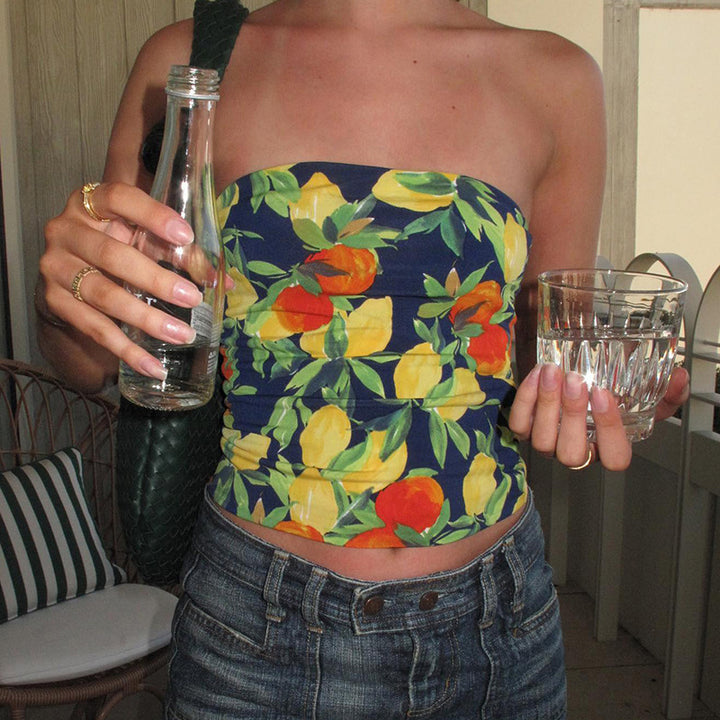 Dame Crop Top med fruktig mønster Skjora