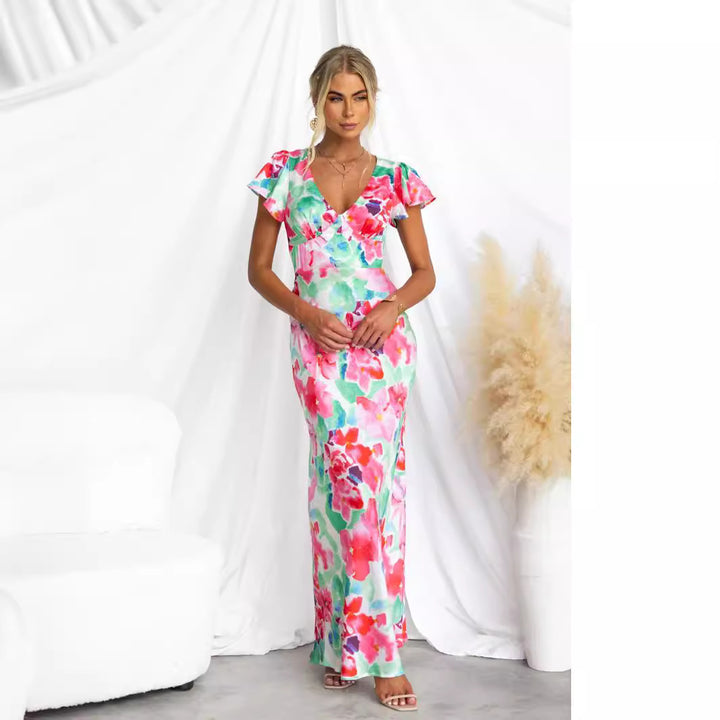 Kvinnes maxi kjole med blomsterdesign og flytende silhuett Skjora