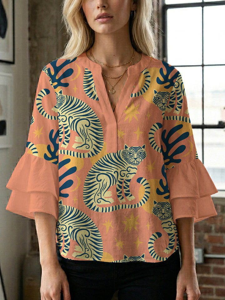 Damer elegant bluse skjorte med voluminøse rysjermer og grafisk blomsterdesign Skjora