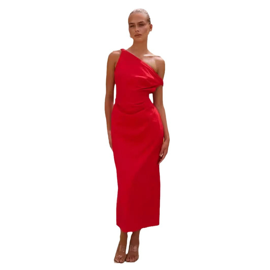 Damer Elegant Langermet Kjole med Asymmetrisk Design og Raffinert Drapering