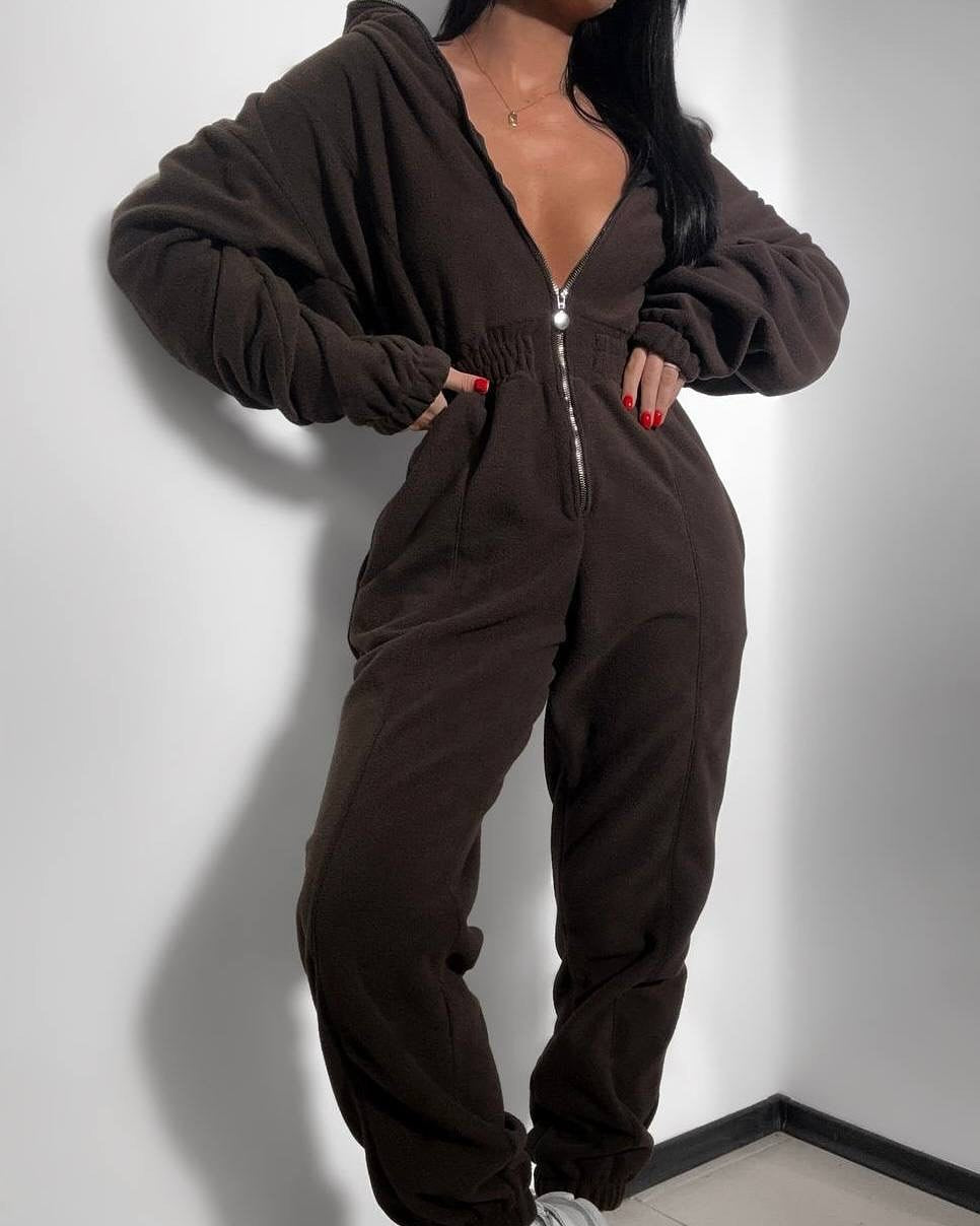 Damer koselig fleece jumpsuit med dyp V-hals og hel lengde glidelås Skjora