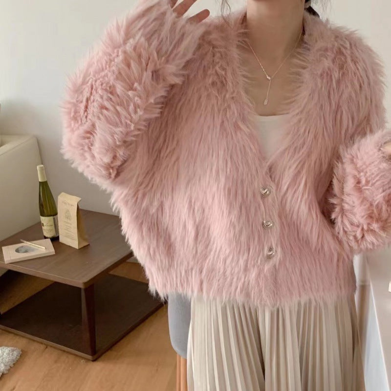 Kvinne Fluffy Kardigan med Hjerteknapper Skjora