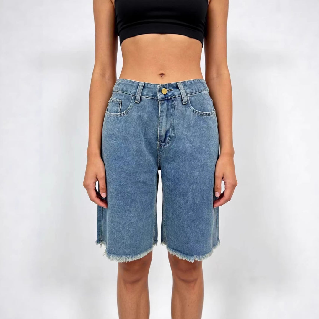 Dames casual denim-shorts med frynset kant og høy midje Skjora