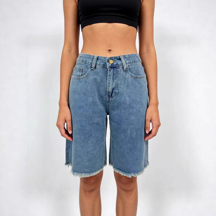 Dames casual denim-shorts med frynset kant og høy midje Skjora