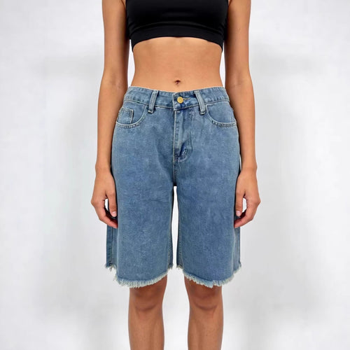 Dames casual denim-shorts med frynset kant og høy midje Skjora
