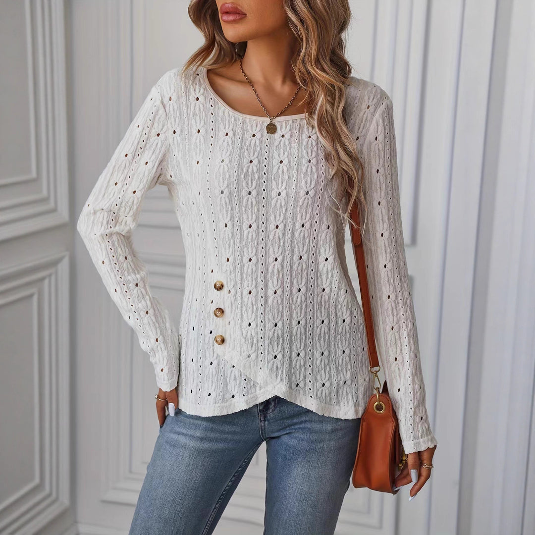 Women's long-sleeved shirt with decorative buttons and textured weave