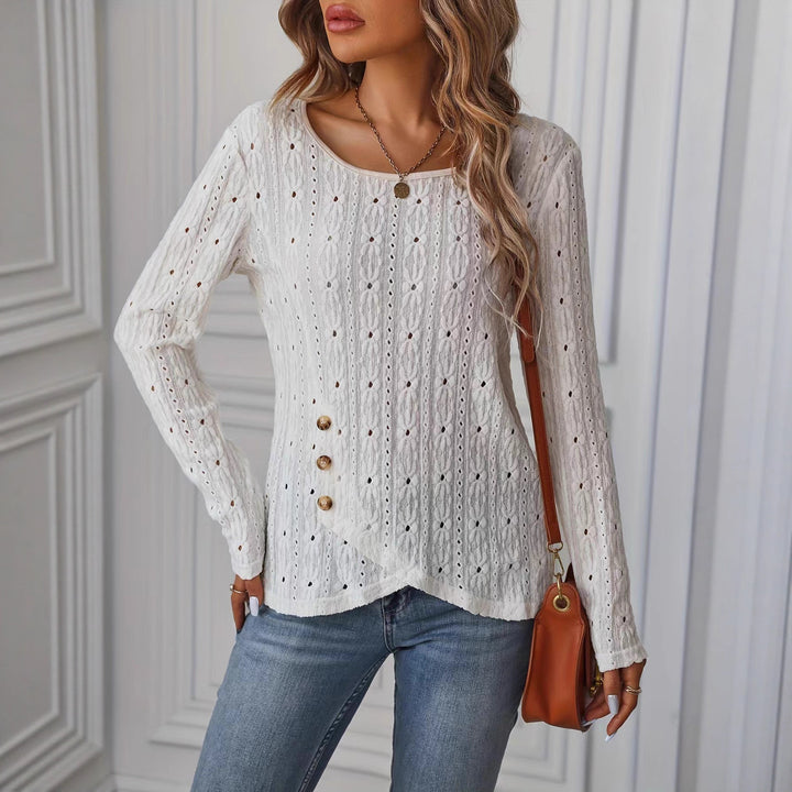 Women's long-sleeved shirt with decorative buttons and textured weave