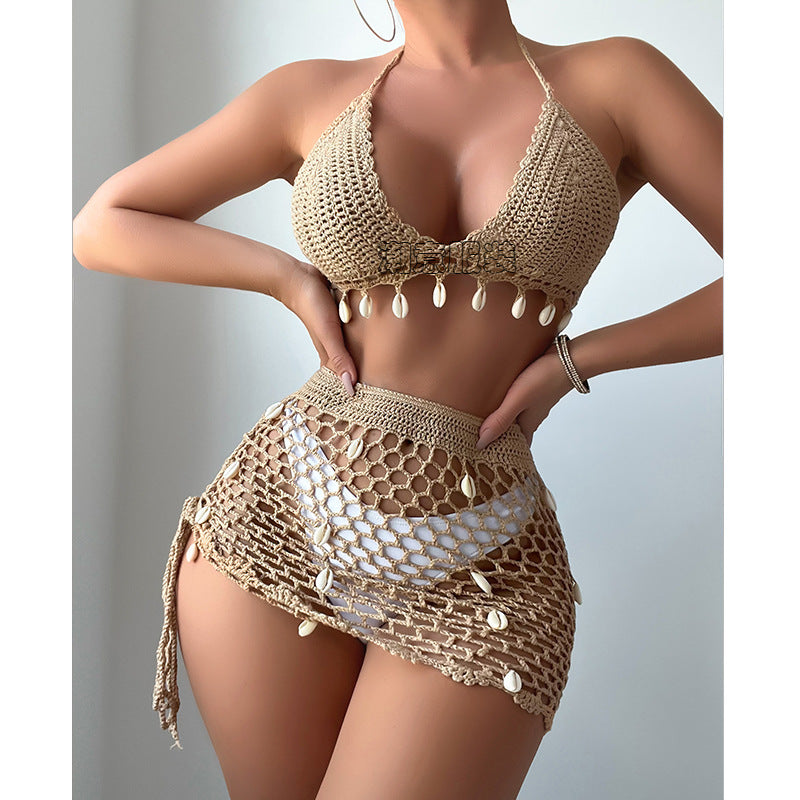 Damen Häkel-Bikini-Set mit Muschelverzierung und transparentem Rock Skjora