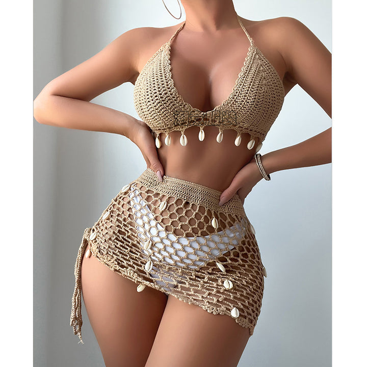Damen Häkel-Bikini-Set mit Muschelverzierung und transparentem Rock Skjora