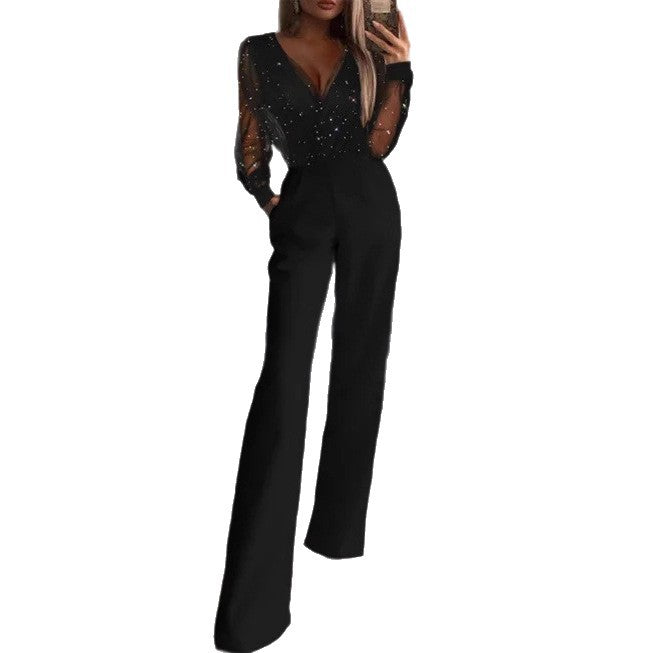 Damer Elegant Jumpsuit med Transparent Bluse og Glitrende Akcenter Skjora