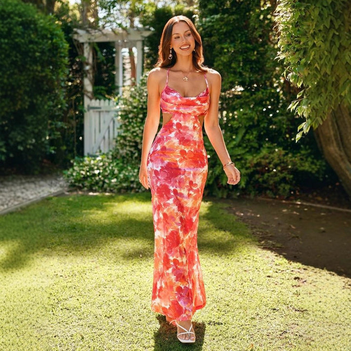 Dame Maxikjole med cut-out og blomstret design Skjora