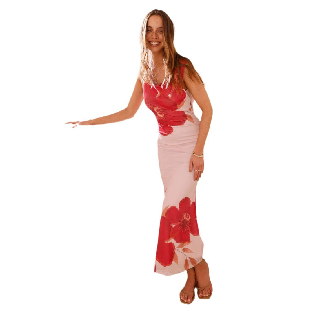 Kvinne Floor-Length Maxi Kjole med Blomstermønster og Figurformet Snitt Skjora