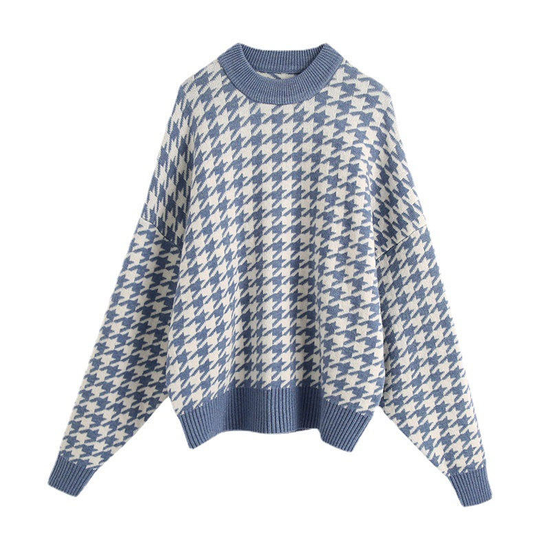 Dame Oversized Strikket Genser med Rutemønster Skjora
